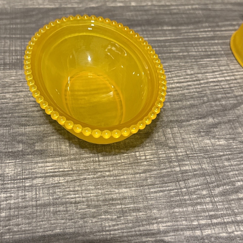 Yellow Satin Glass Hen on Nest Covered Dish 5" Chicken Beaded Rim Import - Picture 6 of 9